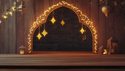 Poster - Warm Glowing Lights Adorn Wooden Arch Festive Holiday Background