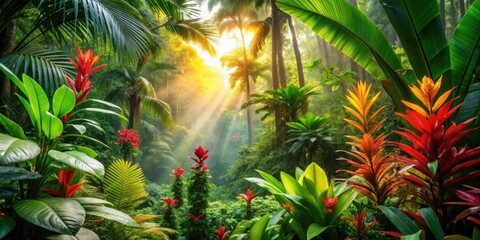 Aufkleber - Lush Tropical Paradise Sunlight Illuminates Vibrant Rainforest Flora, Creating a Serene and Picturesque Scene of Exotic Plants
