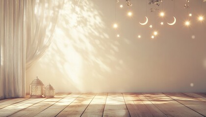 Poster - Warm Golden Lanterns and Hanging Moon Stars on Wooden Floor