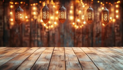 Aufkleber - Warm Golden Lanterns and Lights Wooden Table Background
