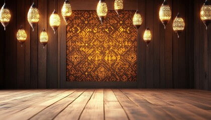 Aufkleber - Warm Golden Lanterns Illuminate Ornate Wooden Background