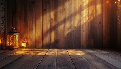 Poster - Warm Golden Light Illuminates Rustic Wooden Lantern on Dark Wooden Floor and Wall