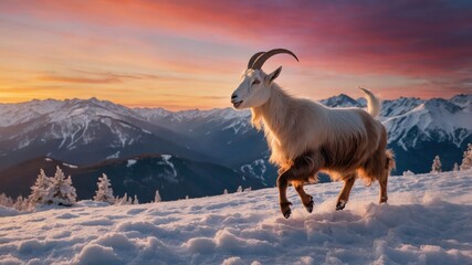 Wall Mural - A mountain goat gracefully trots through a snowy landscape at sunset, showcasing nature's beauty.