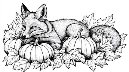 Wall Mural - Fox resting amidst pumpkins and autumn leaves; fall harvest scene, ideal for seasonal designs