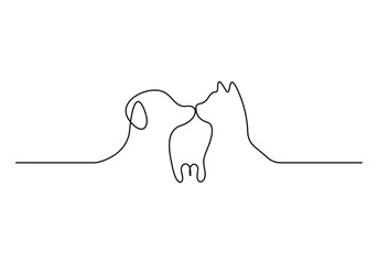 Fototapete - Continuous one line drawing of cat and dog vector illustration