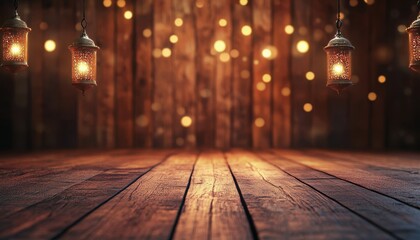 Poster - Warm Lit Lanterns Hanging Over Dark Wooden Table