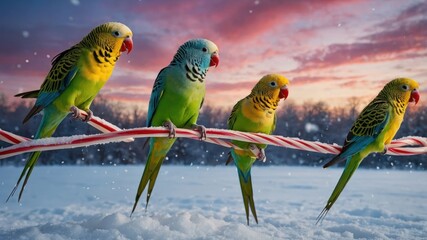 Wall Mural - Four colorful budgerigars perched on a candy cane in a snowy landscape during sunset.