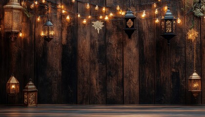 Aufkleber - Warm-Lit Metal Lanterns and String Lights on Dark Wooden Background