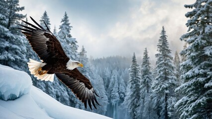 Wall Mural - A majestic eagle soaring over a snowy landscape with evergreen trees in the background.