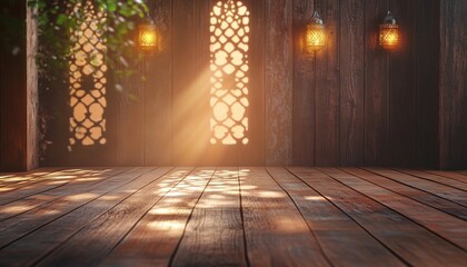 Aufkleber - Warm Sunlight Illuminates Wooden Room with Intricate Wall Design