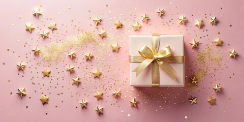 Aufkleber - A pastel pink background adorned with a blush-colored gift box tied with a gold ribbon and scattered gold star confetti.