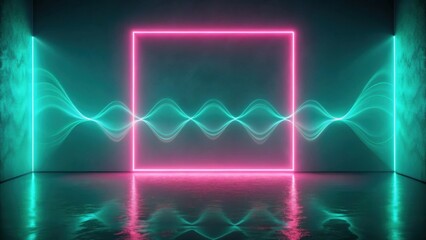 Poster - abstract neon glow vibrant pink square frame with teal energy waves reflecting on a dark reflective 