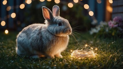 Wall Mural - A fluffy rabbit sits beside glowing fairy lights on grass, creating a cozy atmosphere.