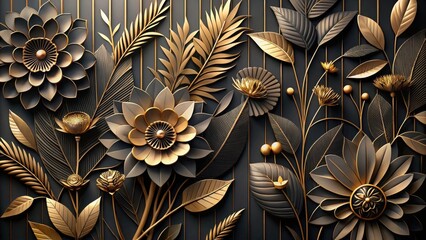 Leinwandbilder - Elegant Gold and Black Floral 3D Wall Art Design Featuring Intricate Leaf and Blossom Details