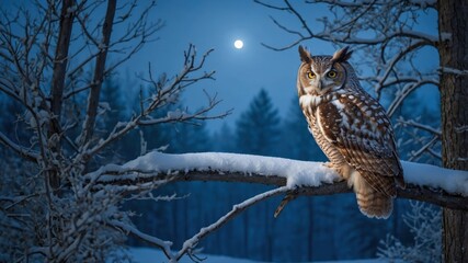 Wall Mural - A majestic owl perched on a snow-covered branch under a full moon in a tranquil forest.