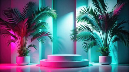 Aufkleber - Vibrant Neon Glow Illuminates Tropical Plants Flanking a Sleek Minimalist Display Platform