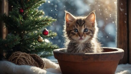 Wall Mural - A cute kitten sitting in a flower pot by a window with a Christmas tree and snow outside.