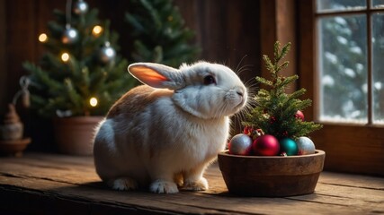 Wall Mural - A rabbit beside a small Christmas tree and ornaments, creating a cozy holiday atmosphere.