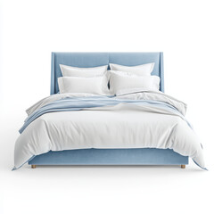 Wall Mural - Serene Blue Bedroom: A light blue upholstered bed with crisp white linens is presented in a clean, modern style, ideal for showcasing interior design or home decor concepts.