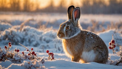 Wall Mural - A serene rabbit sitting in a snowy landscape during sunset, showcasing nature's beauty.