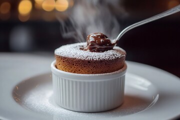 Wall Mural - Hot chocolate souffle being poured with melted chocolate in a restaurant