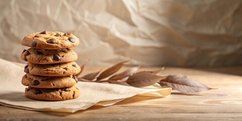 Canvas Print - A tempting stack of chocolate chip cookies rests on a rustic surface, beside dried leaves, creating a cozy and inviting autumnal scene.