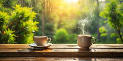 Canvas Print - Morning Coffee Ritual Two Cups on Wooden Table with a Rain-Kissed Garden View