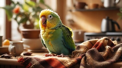 Wall Mural - A colorful parrot perched on a cozy blanket in a warm, inviting indoor setting.