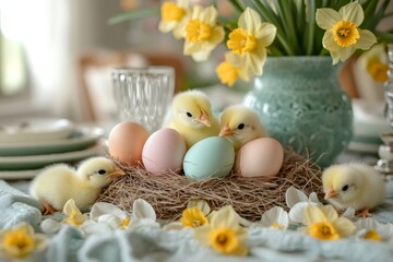 Wall Mural - Baby chickens exploring colorful easter eggs in a nest with daffodils on a festive table