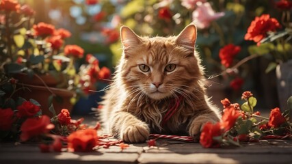 Wall Mural - A serene orange cat lounging among vibrant red roses in a garden setting.