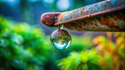 Poster - A single teardrop of water, reflecting a vibrant garden, hangs precariously from a weathered, rusty metal surface.