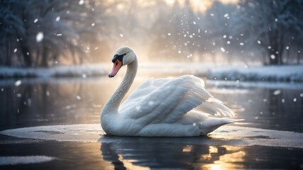 Wall Mural - A serene swan glides gracefully on a tranquil, snowy lake at dawn.