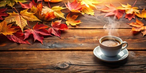 Poster - Aromatic Coffee Steam Rises Amidst Vibrant Autumn Leaves on Rustic Wooden Table