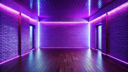 Aufkleber - Illuminated Brick Room with Vibrant Purple and Blue Neon Lights, Dark Wood Floor, and Windows