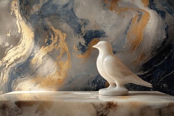 Wall Mural - A white alabaster bird figurine rests on a marble surface against a backdrop of gold and blue abstract art.