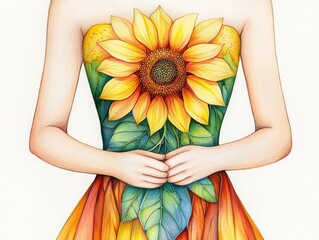 Wall Mural - Radiant sunflower held by a woman in flowing dress in sunkissed field