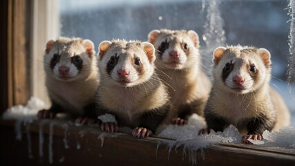 Wall Mural - Four ferrets sitting on a snowy windowsill, looking curiously outside.