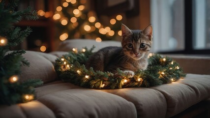 Wall Mural - A cozy kitten nestled in a festive wreath with twinkling lights, creating a warm holiday atmosphere.