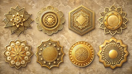 Aufkleber - Collection of Eight Intricate Golden Decorative Elements with Ornate Designs and Geometric Patterns on a Textured Background