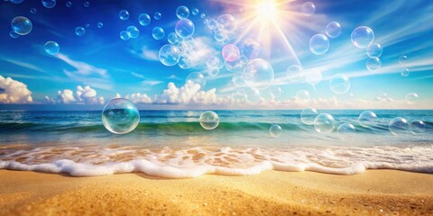 Aufkleber - Ocean Breeze and Soaring Bubbles A Sunny Beach Scene with Sparkling Water and Airy Spheres