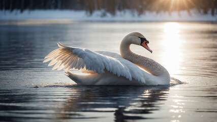 Wall Mural - A serene swan glides gracefully across a calm, reflective lake at sunset.