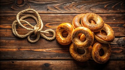 Poster - A rustic arrangement of freshly baked bagels and a coiled rope on a weathered wooden surface.