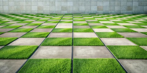 Poster - Modern checkered flooring with vibrant green grass and neutral grey tiles against a backdrop of a simple wall.
