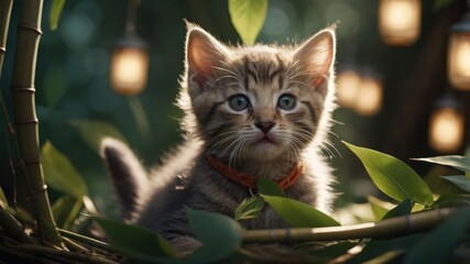 Wall Mural - A curious kitten sits among leaves, illuminated by soft lights in a serene setting.