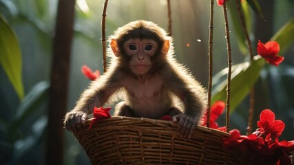 Wall Mural - A young monkey sits in a woven basket surrounded by flowers and sunlight in a lush environment.