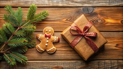 Aufkleber - Rustic wooden background featuring a delectable gingerbread man, a charmingly wrapped present, and a lush sprig of evergreen, creating a heartwarming holiday scene.