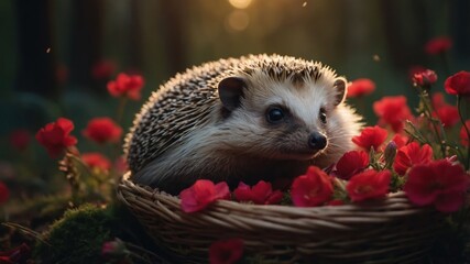 Wall Mural - A hedgehog nestled in a basket surrounded by vibrant flowers in a serene forest setting.