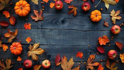 Poster - Autumn Harvest Still Life: Pumpkins Apples and Fall Leaves on Dark Wooden Background