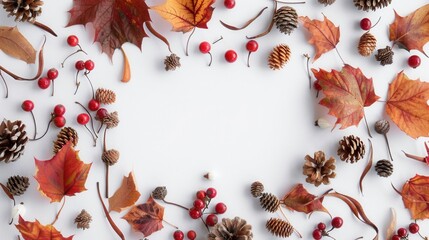 Poster - Autumnal Frame of Red Berries Pine Cones and Leaves on White Background