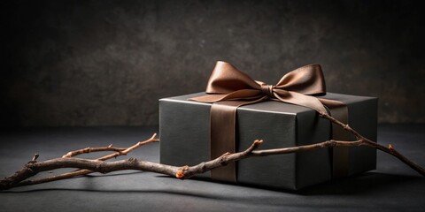 Aufkleber - Dark Gray Gift Box with Brown Ribbon and Twigs on Dark Surface